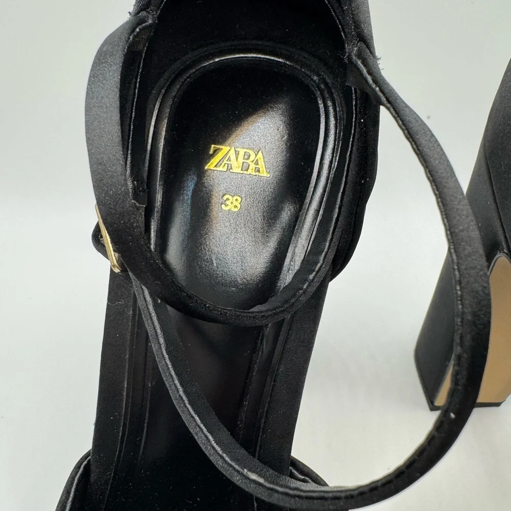 Zara Black Satin Ankle Strap Heels Pumps Pointed Toe 8 (38) - Picture 6 of 9